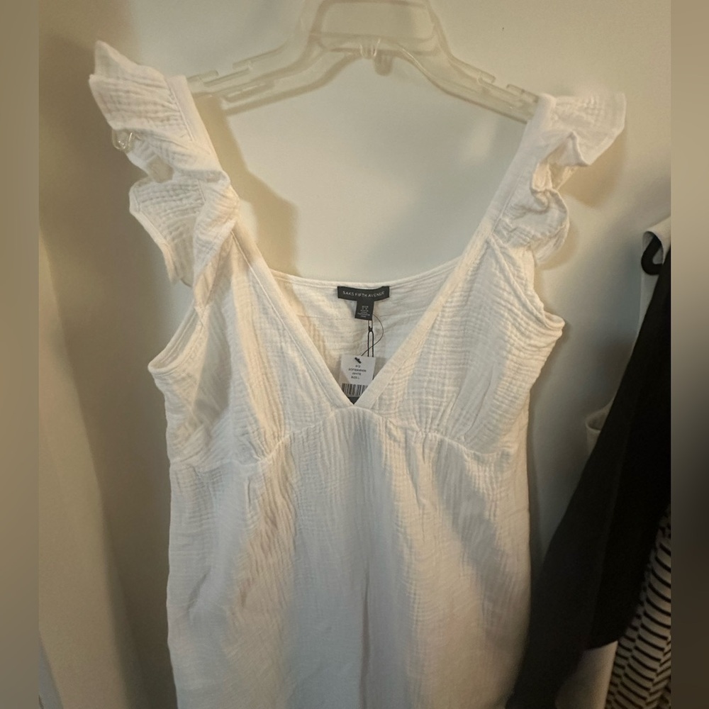 White 100% Cotton Maxi Saks Fifth Avenue sleeveless Summer Dress pockets